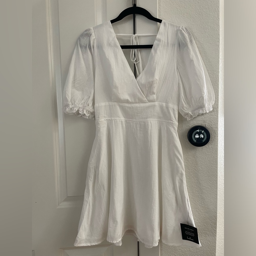 Lulu’s White Cotton Dress w Puff Sleeves